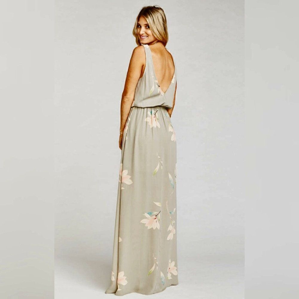 Show Me Your Mumu - XS -Kendall Maxi Dress V Neck Slit Blouson Lily Showers Gray - Picture 3 of 10